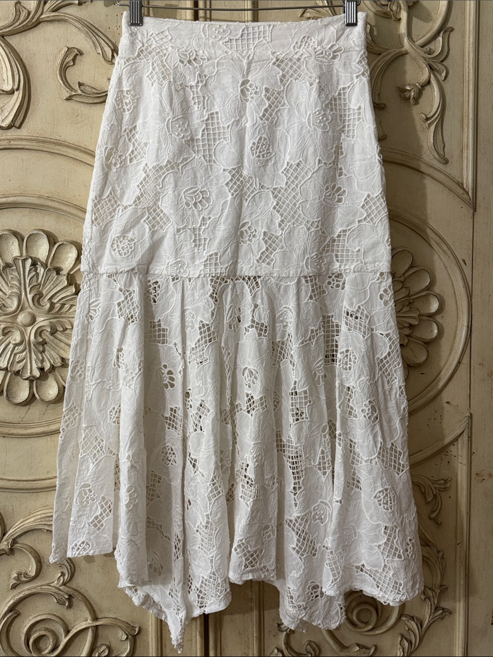 KARINA GRIMALDI 100% Cotton White Lace Tiered Eyelet Maxi Skirt Size Small